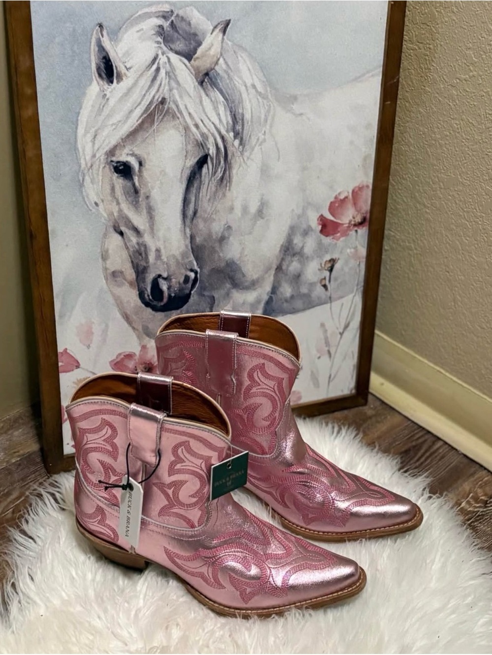 Western-Style Pink Embroidered Ankle Boots — Brand: